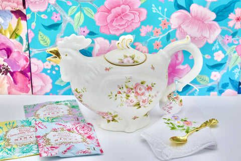 Teapot. Rooster. Country Farmhouse with Pink Flower Garden