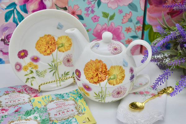 Tea for One Gift Set. Orange Marigold Bloom Garden Flowers