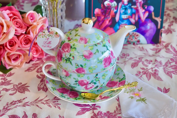 Tea for One Gift Set. Chintz Flowers Aqua Blue, Pink Roses