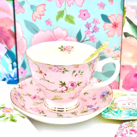 Candy Rose Pink with Delicate Flowers Teacup and Saucer