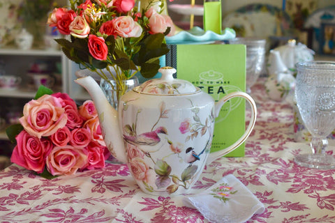 Teapot Magnolia Floral Garden with Birds and Gold Trim