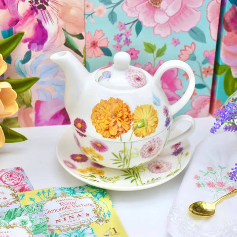 Tea for One Gift Set. Orange Marigold Bloom Garden Flowers