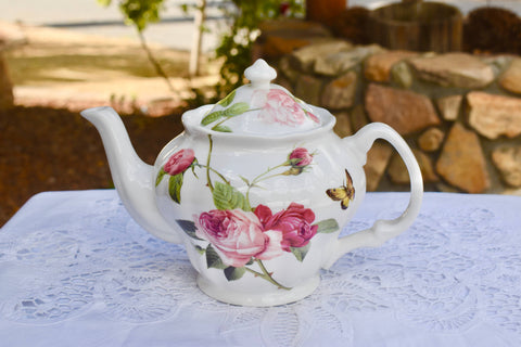 Teapot Kensington English Pink and Red Roses with Butterfly