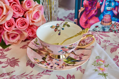 Blush Pink and Gold with Birds Teacup and Saucer