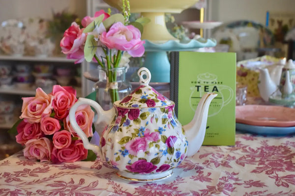 Teapot Red and Violet Rose Chintz with Gold Trimmed