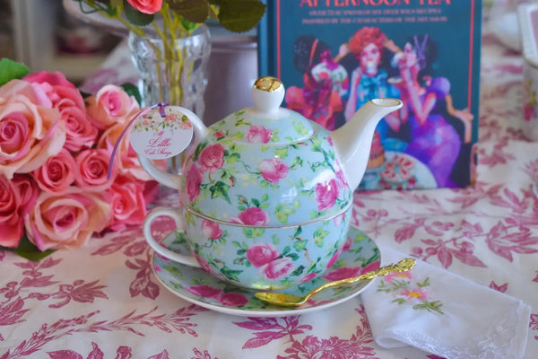 Tea for One Gift Set. Chintz Flowers Aqua Blue, Pink Roses