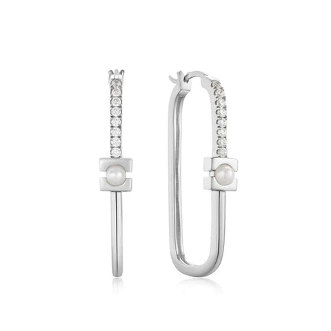 Silver Pearl Modernist Oval Hoop Earrings