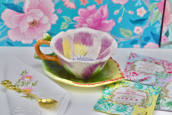 Lavender Purple Yellow Flower and Leaf Teacup and Saucer