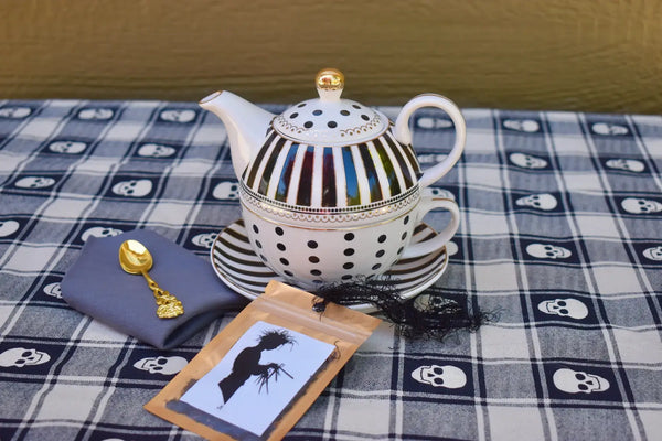 Tea for One. White Black psychedelic Polka Dot teapot cup
