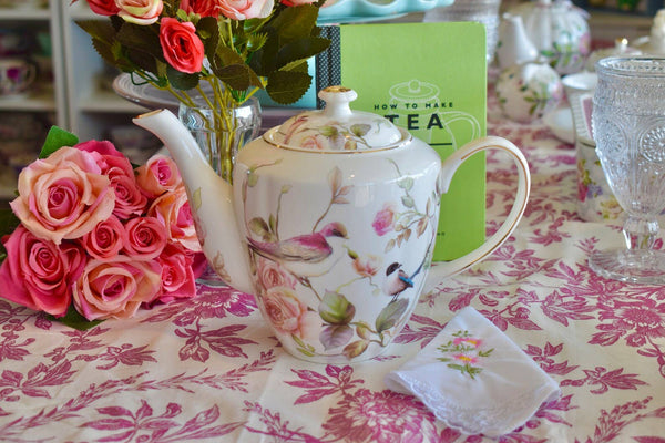 Teapot Magnolia Floral Garden with Birds and Gold Trim