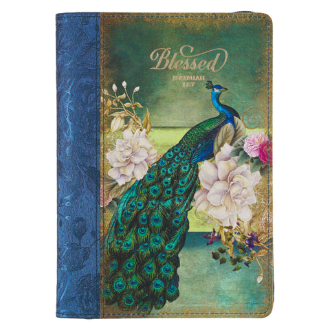 Blessed Peacock Faux Leather Journal with Zipper - Jer 17:7