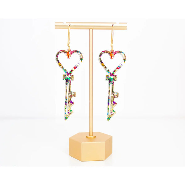 Heart Key Earrings Valentine's Day Earrings Gold Glitter