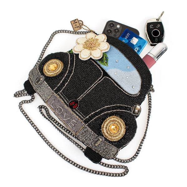 On the Road Black Car White Flower Beaded Crossbody Handbag