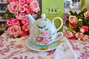 Tea For One Gift Set. Garden Flowers, Blue Jay Birds