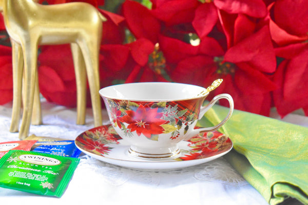 Christmas Holiday Red Poinsettia Plaid Ribbon Teacup Saucer