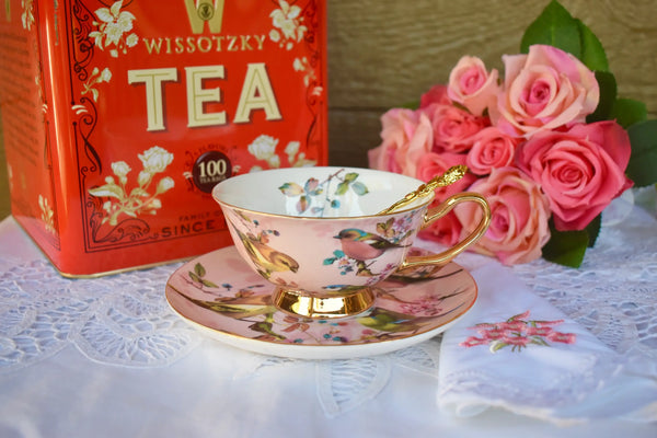 Blush Pink and Gold with Birds Teacup and Saucer