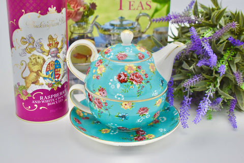 Tea for One. Country Rose Turquoise Chintz Floral Gift Set