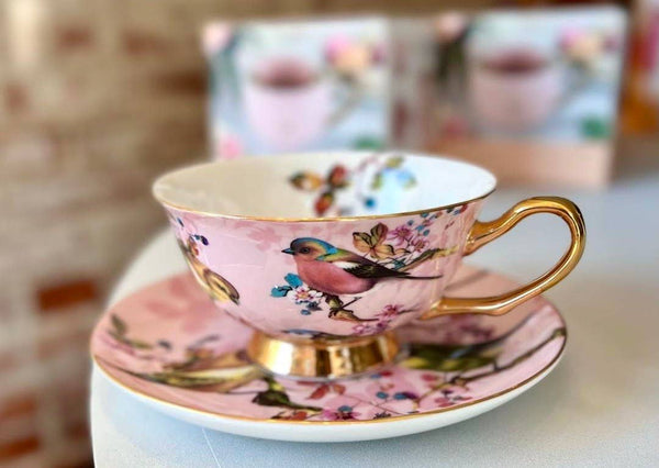 Blush Pink and Gold with Birds Teacup and Saucer