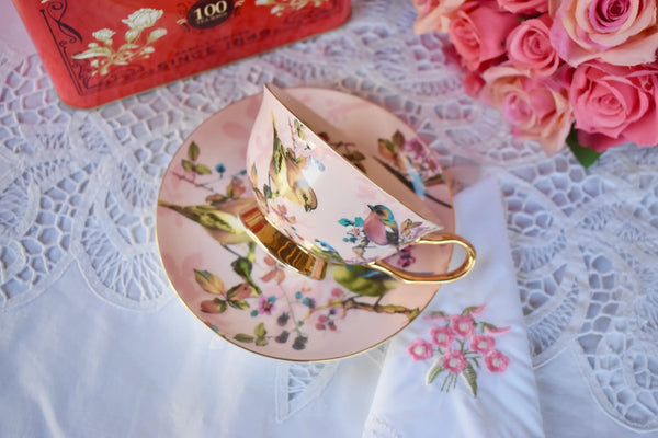 Blush Pink and Gold with Birds Teacup and Saucer