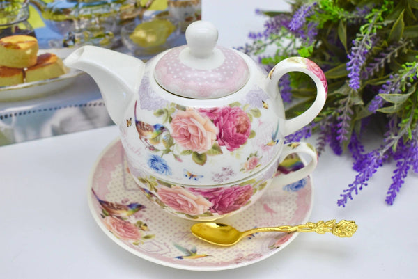 Tea for One Gift Set. Fresh Beautiful Flowers Bird Butterfly