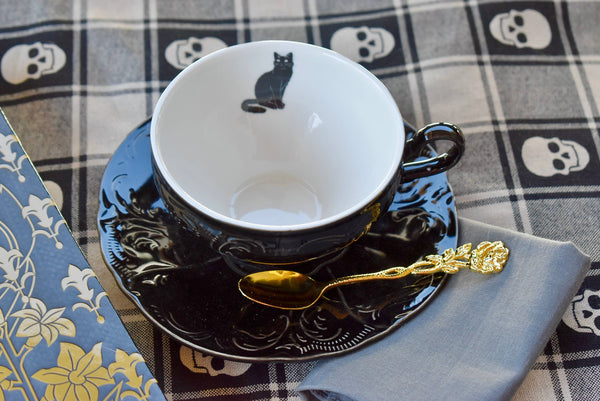 Black Cat Victorian Gothic Embossed Teacup and Saucer