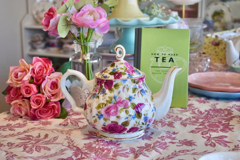 Teapot Red and Violet Rose Chintz with Gold Trimmed