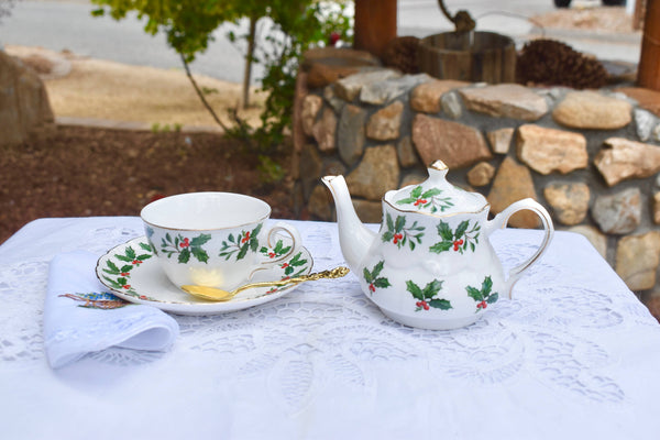 Tea for One Gift Set. Red Berries Flowers Gold Trimmed