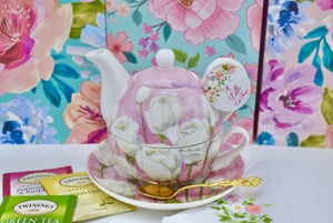 Tea for One. White Roses on Pastel Pink, teapot, cup, saucer