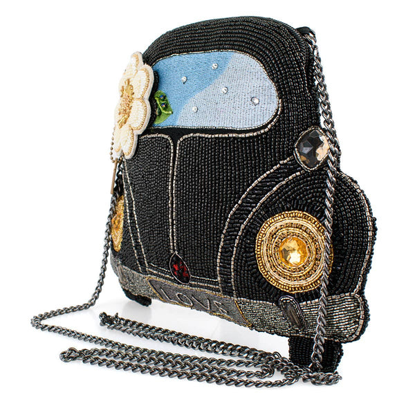 On the Road Black Car White Flower Beaded Crossbody Handbag