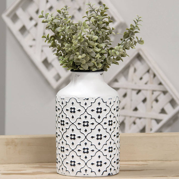 Black & White Vintage Patterned Metal Vase, Tall