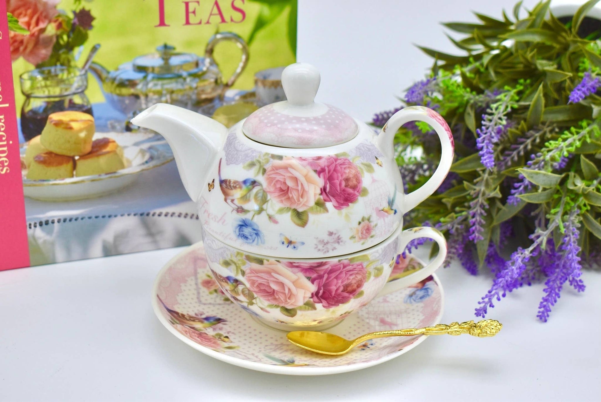 Tea for One Gift Set. Fresh Beautiful Flowers Bird Butterfly