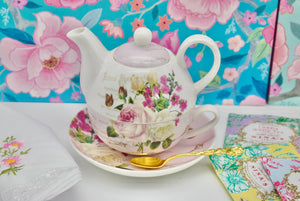 Tea for One Gift Set. Pink Rose Garden with Butterflies