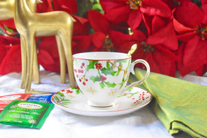 Christmas Holiday Holly Berries Gold Snowflakes Teacup