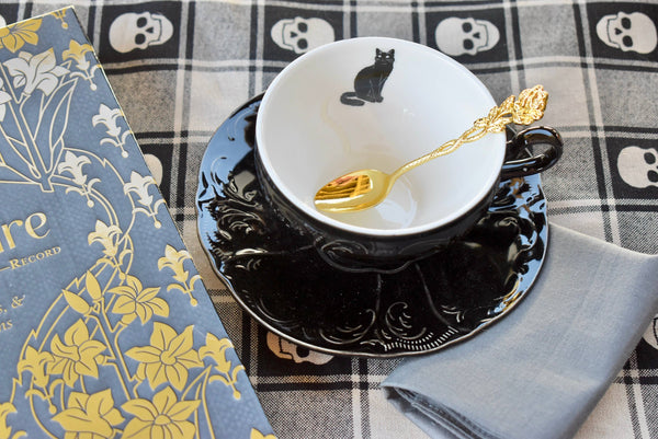 Black Cat Victorian Gothic Embossed Teacup and Saucer