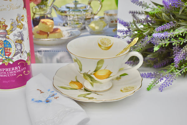 Amalfi Coast Italian Lemons Footed Teacup and Saucer