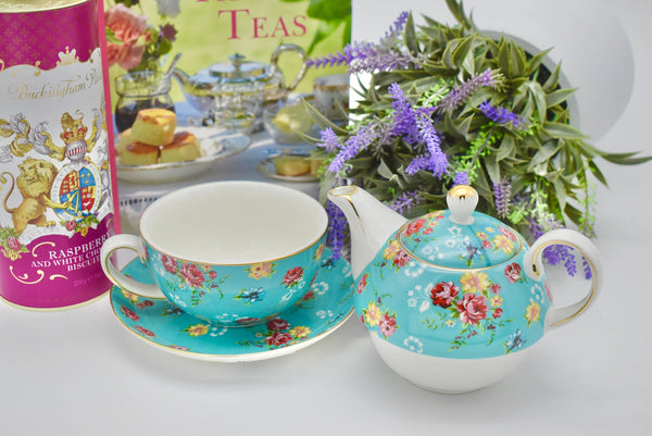 Tea for One. Country Rose Turquoise Chintz Floral Gift Set