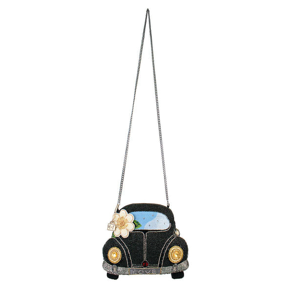 On the Road Black Car White Flower Beaded Crossbody Handbag