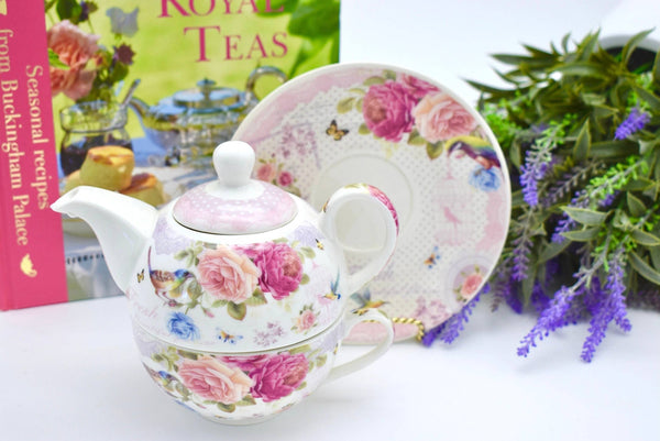 Tea for One Gift Set. Fresh Beautiful Flowers Bird Butterfly