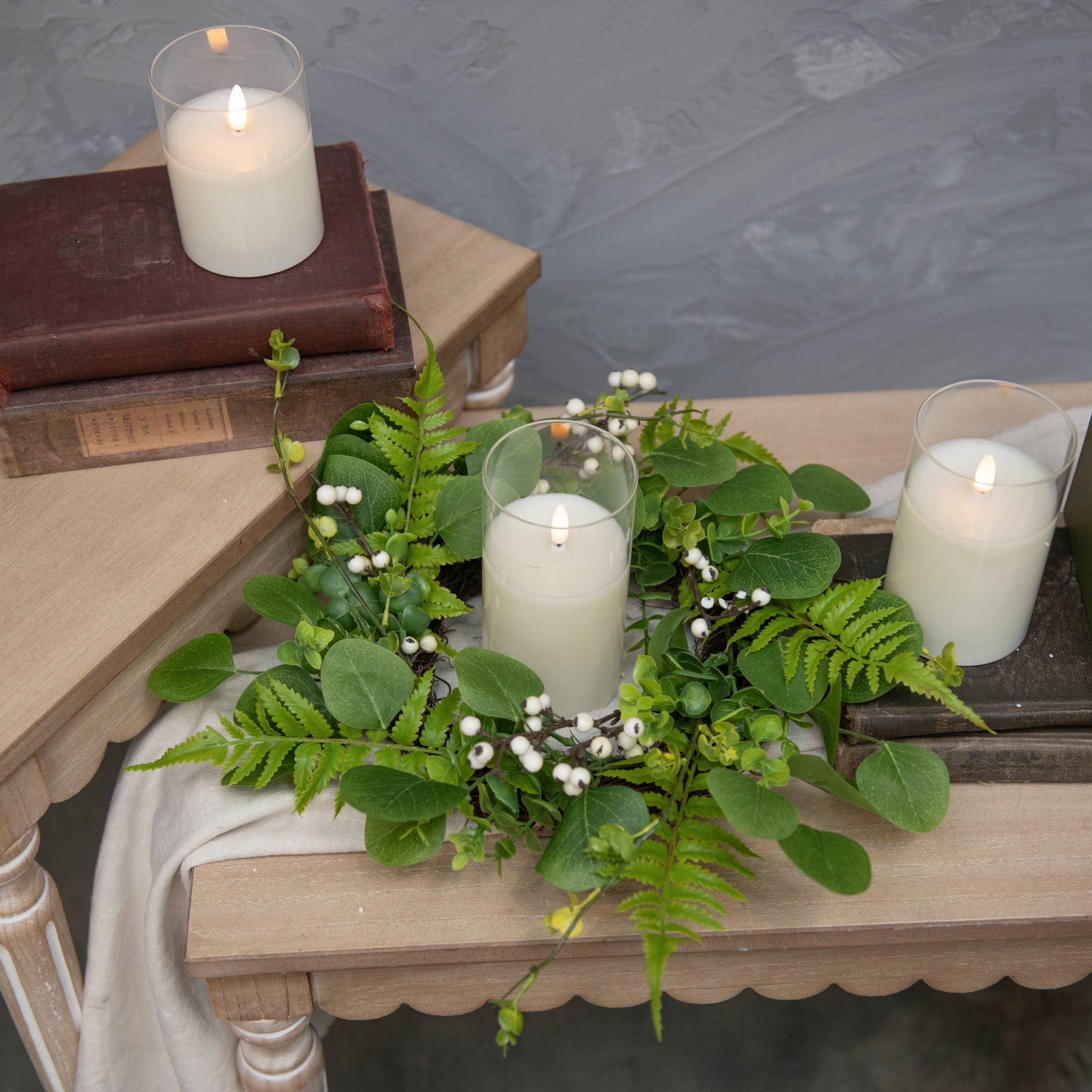 14" GREEN & WHITE MIXED FOLIAGE W/ BERRIES CANDLE RING