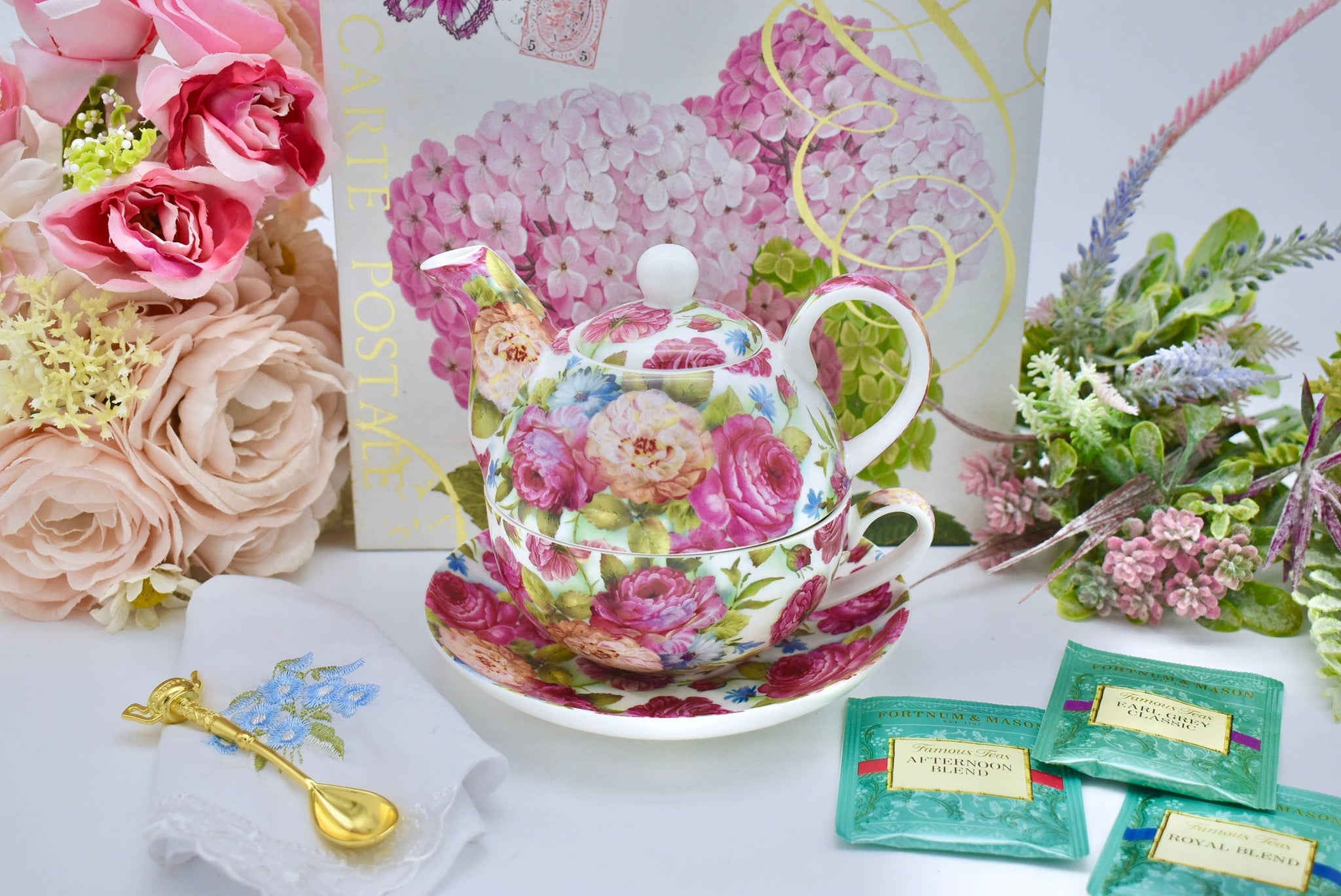 Tea for One Gift Set. Summertime Chintz Rose Garden