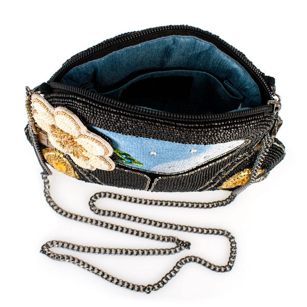 On the Road Black Car White Flower Beaded Crossbody Handbag