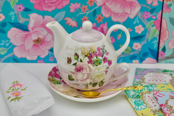 Tea for One Gift Set. Pink Rose Garden with Butterflies