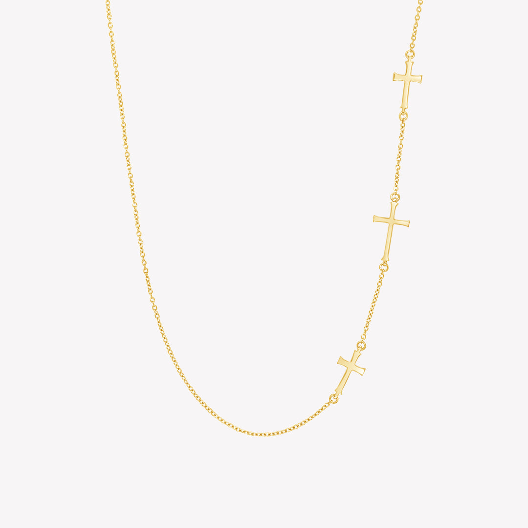 Rizen Jewelry Calvary Cross Necklace with 3 sideways Christian crosses on dainty cable chain in Gold Vermeil