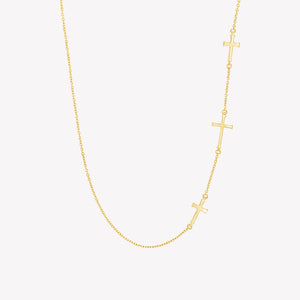 Rizen Jewelry Calvary Cross Necklace with 3 sideways Christian crosses on dainty cable chain in Gold Vermeil