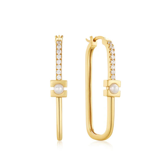 Gold Pearl Modernist Oval Hoop Earrings