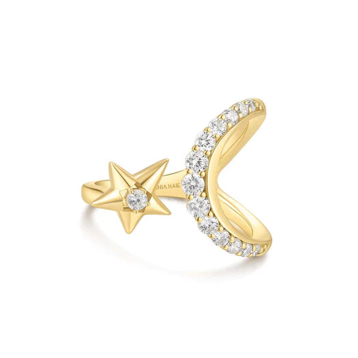 Gold Sparkling Moon and Star Adjustable Ring