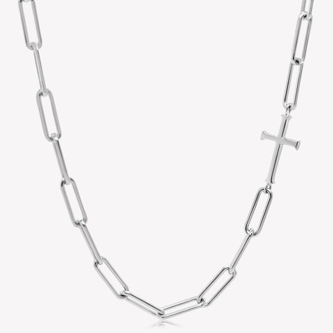 Rizen Jewelry Chain Breaker necklace in sterling silver.  Elegant Cross Pendant breaks up the paper clip link chain with classic lobster clasp  closure. 