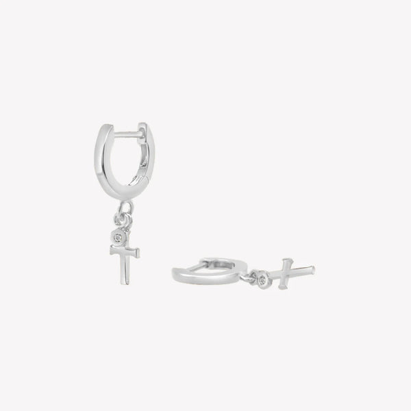 Silver Calvary Cross Huggie Hoop Earrings