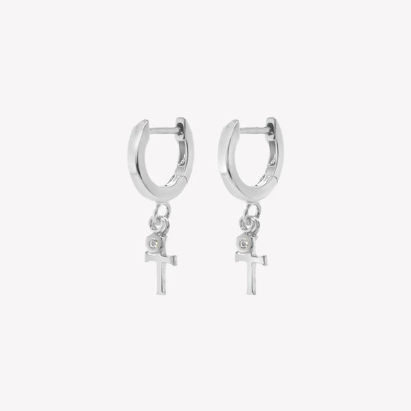 Silver Calvary Cross Huggie Hoop Earrings