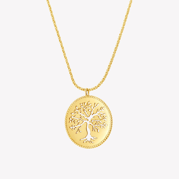 Gold Vermeil Rooted Olive Tree Necklace by Rizen Jewelry on rope chain.  Family tree motif cut out of medallion with beaded border. 